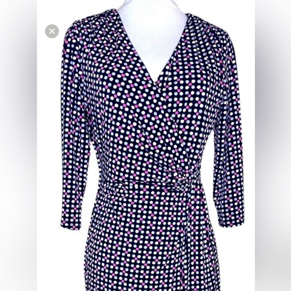 ELLEN TRACEY FAUX WRAPPED DRESS Stretchy Long Sleeve black pink white gray small - Picture 2 of 11